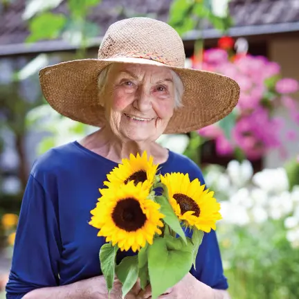 Senior woman holding 3 sunflowers