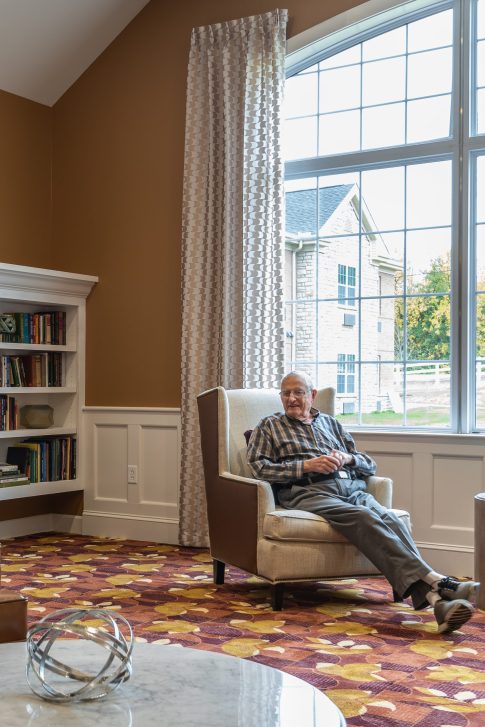 Gathering area with floor to ceiling windows